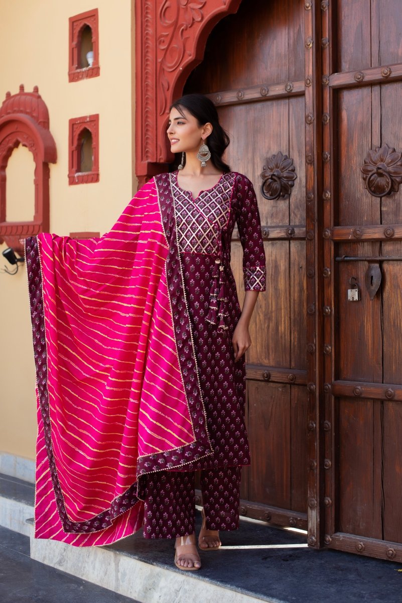 CHHIPA BAZAR WINE COTTON HAND BLOCK GOTA PATTI ANGRAKHA SUIT SET - Pomcha Jaipur