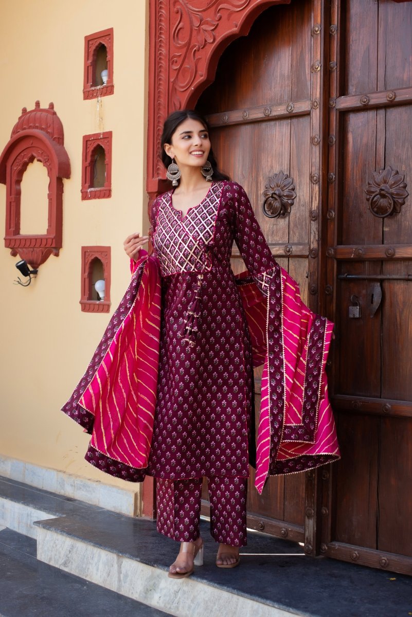 CHHIPA BAZAR WINE COTTON HAND BLOCK GOTA PATTI ANGRAKHA SUIT SET - Pomcha Jaipur