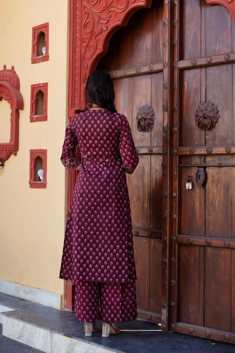 CHHIPA BAZAR WINE COTTON HAND BLOCK GOTA PATTI ANGRAKHA SUIT SET - Pomcha Jaipur