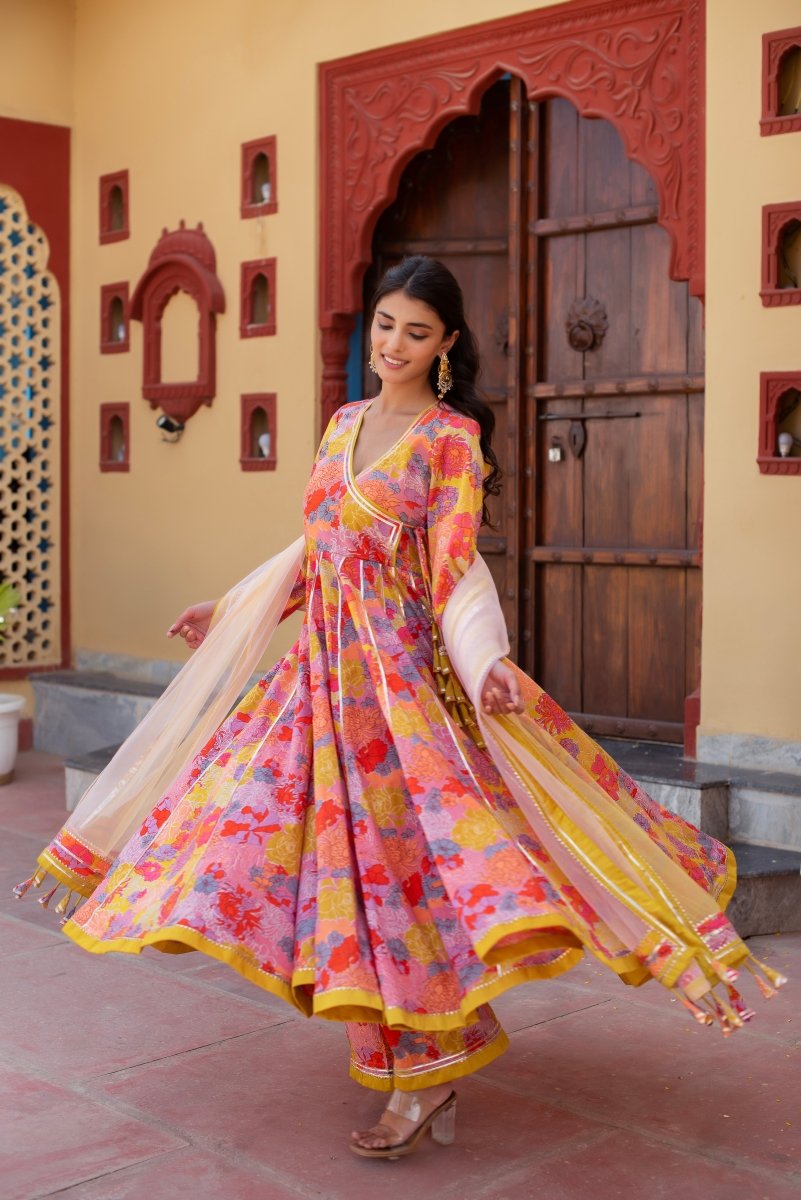 CHHIPA BAZAR YELLOW PINK COTTON GOTA PATTI ANGRAKHA SET WITH SOFT NET DUPATTA - Pomcha Jaipur