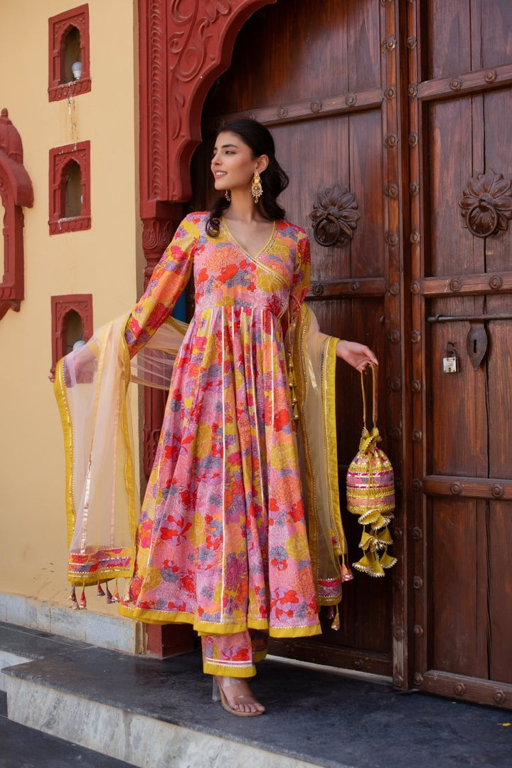 CHHIPA BAZAR YELLOW PINK COTTON GOTA PATTI ANGRAKHA SET WITH SOFT NET DUPATTA - Pomcha Jaipur