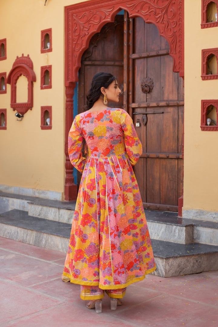 CHHIPA BAZAR YELLOW PINK COTTON GOTA PATTI ANGRAKHA SET WITH SOFT NET DUPATTA - Pomcha Jaipur