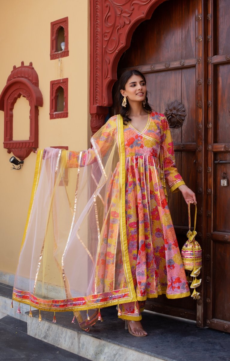 CHHIPA BAZAR YELLOW PINK COTTON GOTA PATTI ANGRAKHA SET WITH SOFT NET DUPATTA - Pomcha Jaipur