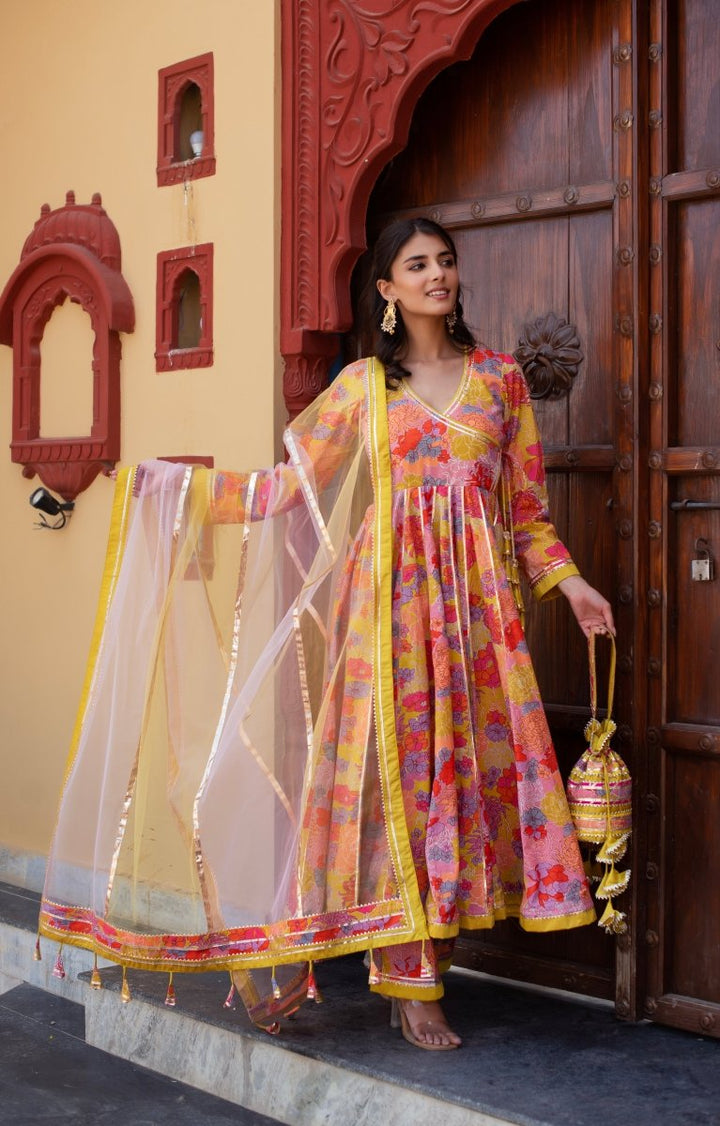 CHHIPA BAZAR YELLOW PINK COTTON GOTA PATTI ANGRAKHA SET WITH SOFT NET DUPATTA - Pomcha Jaipur