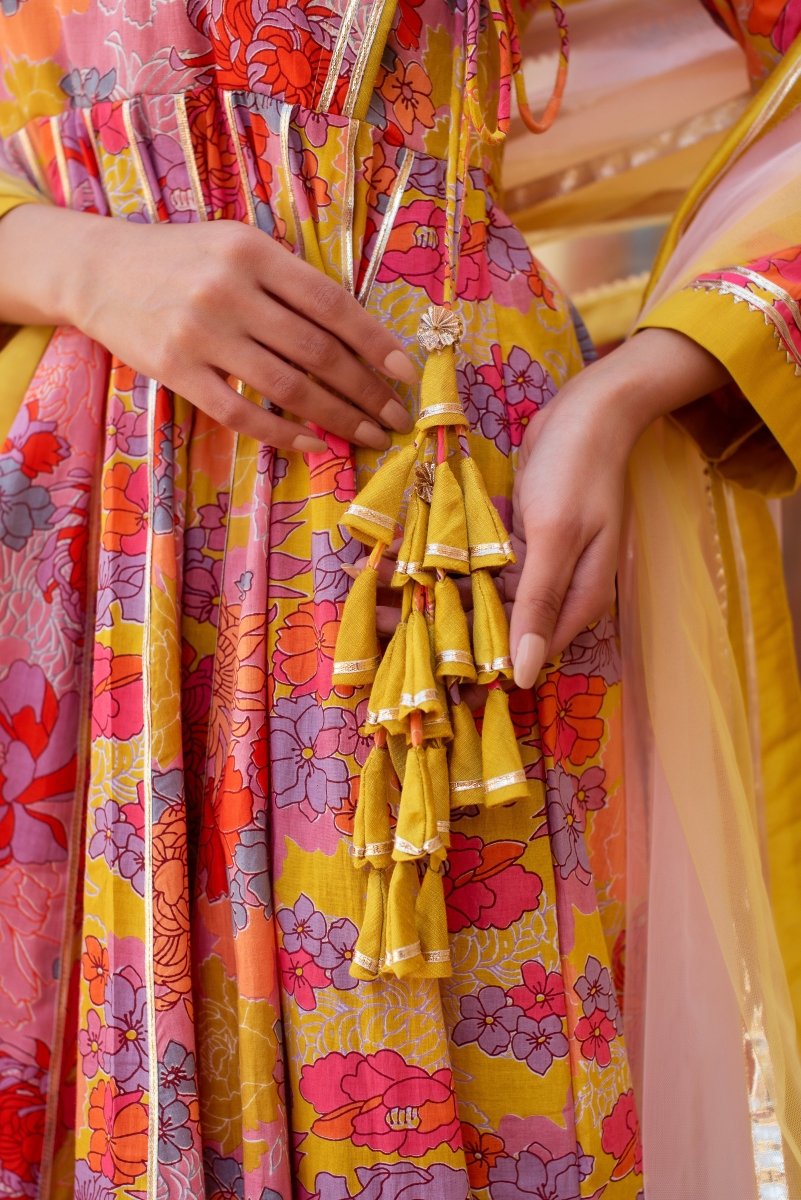 CHHIPA BAZAR YELLOW PINK COTTON GOTA PATTI ANGRAKHA SET WITH SOFT NET DUPATTA - Pomcha Jaipur