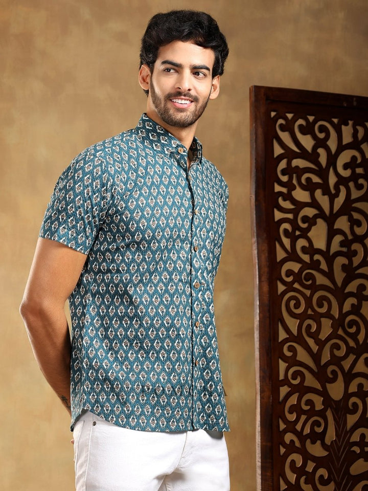 DAHLEEZ BLUE COTTON HAND BLOCK SHIRT - Pomcha Jaipur