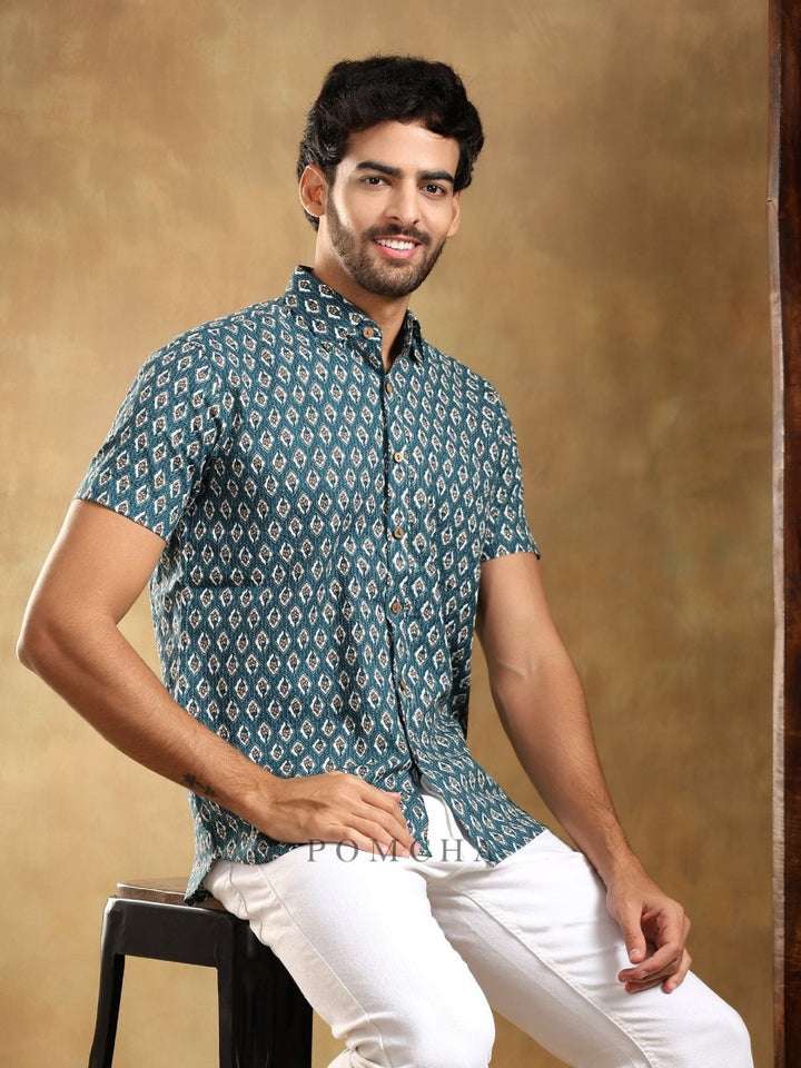 DAHLEEZ BLUE COTTON HAND BLOCK SHIRT - Pomcha Jaipur