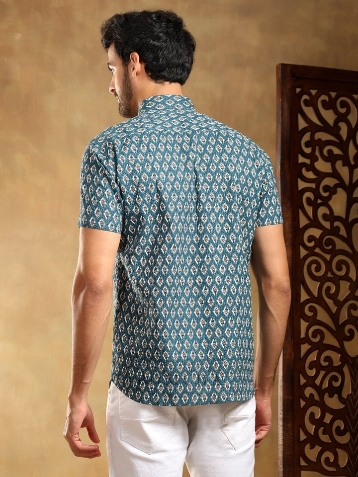 DAHLEEZ BLUE COTTON HAND BLOCK SHIRT - Pomcha Jaipur