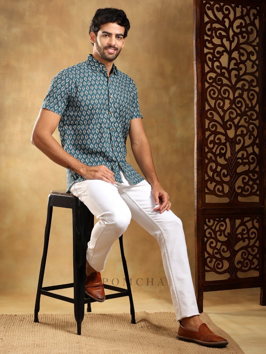 DAHLEEZ BLUE COTTON HAND BLOCK SHIRT - Pomcha Jaipur