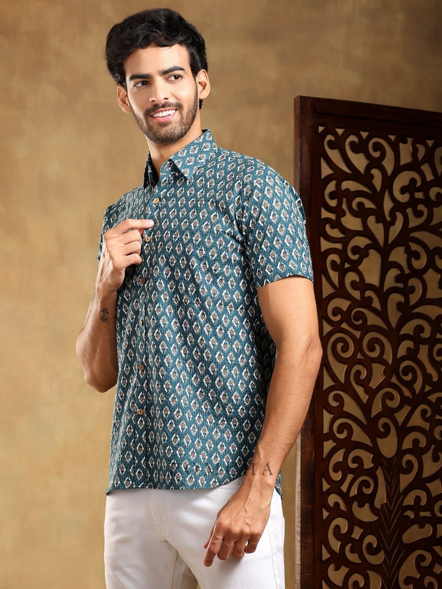 DAHLEEZ BLUE COTTON HAND BLOCK SHIRT - Pomcha Jaipur