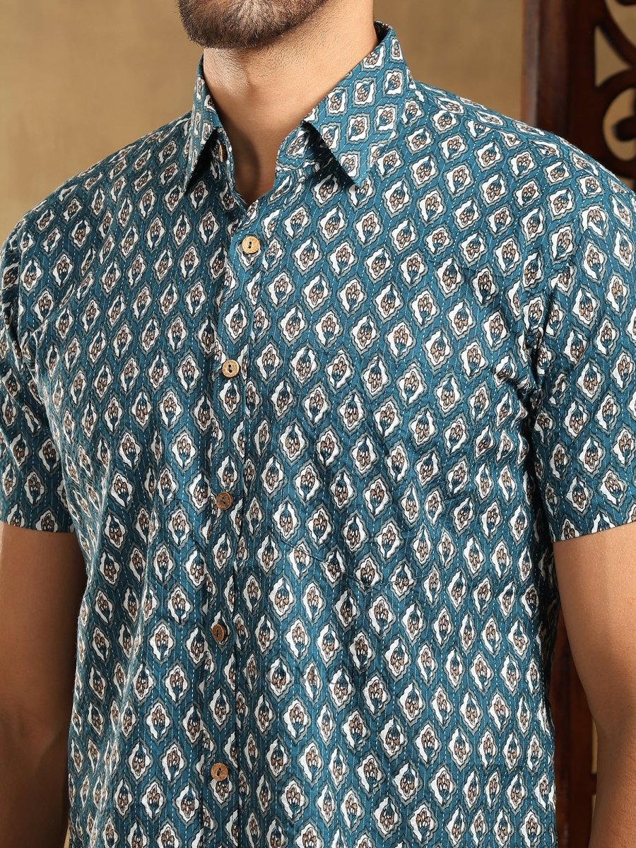 DAHLEEZ BLUE COTTON HAND BLOCK SHIRT - Pomcha Jaipur