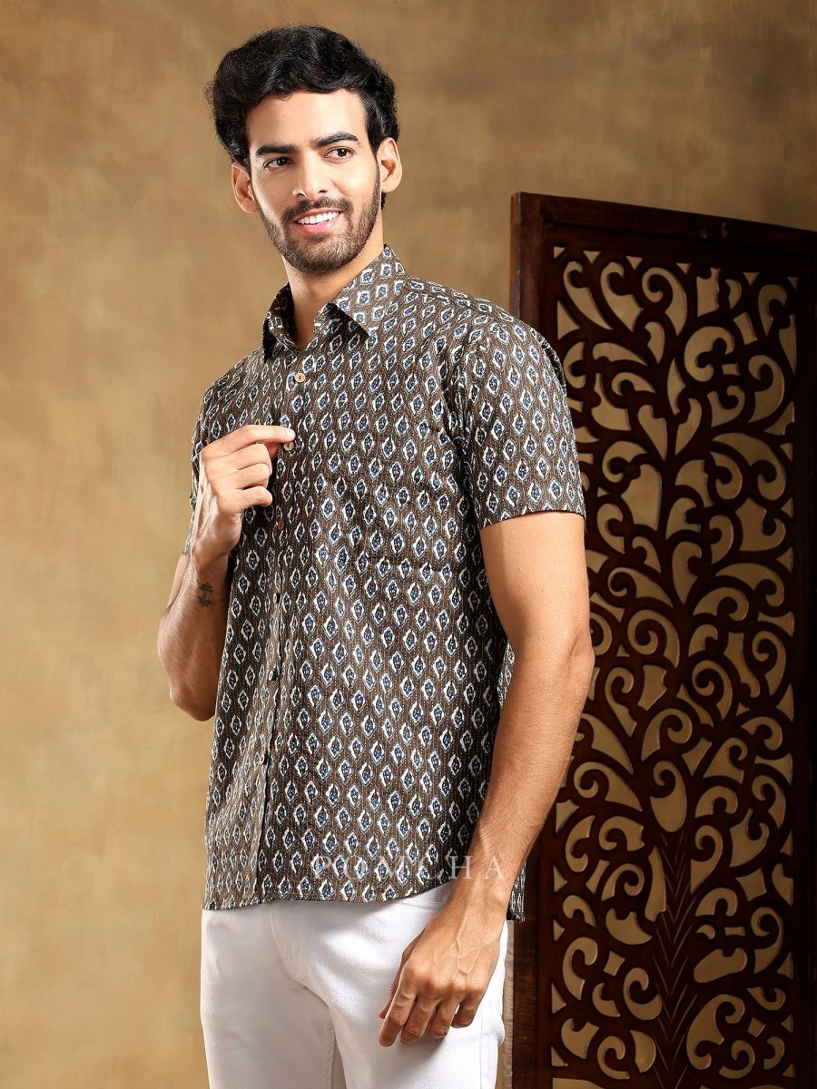 DAHLEEZ BROWN COTTON HAND BLOCK SHIRT - Pomcha Jaipur
