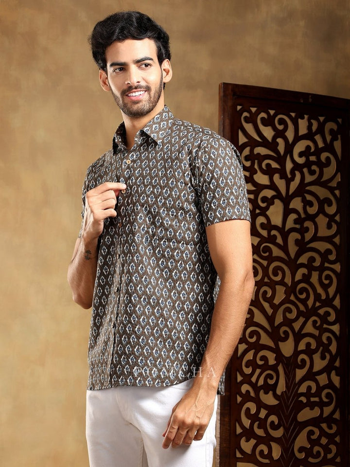 DAHLEEZ BROWN COTTON HAND BLOCK SHIRT - Pomcha Jaipur