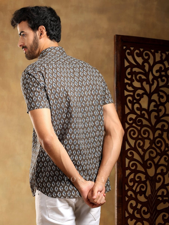 DAHLEEZ BROWN COTTON HAND BLOCK SHIRT - Pomcha Jaipur