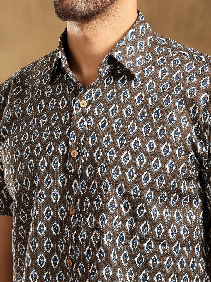 DAHLEEZ BROWN COTTON HAND BLOCK SHIRT - Pomcha Jaipur