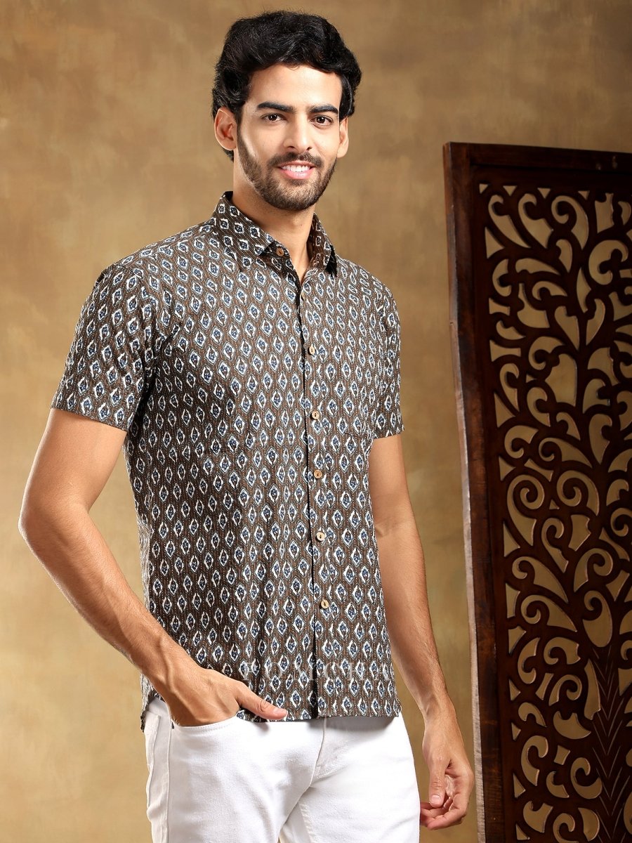 DAHLEEZ BROWN COTTON HAND BLOCK SHIRT - Pomcha Jaipur