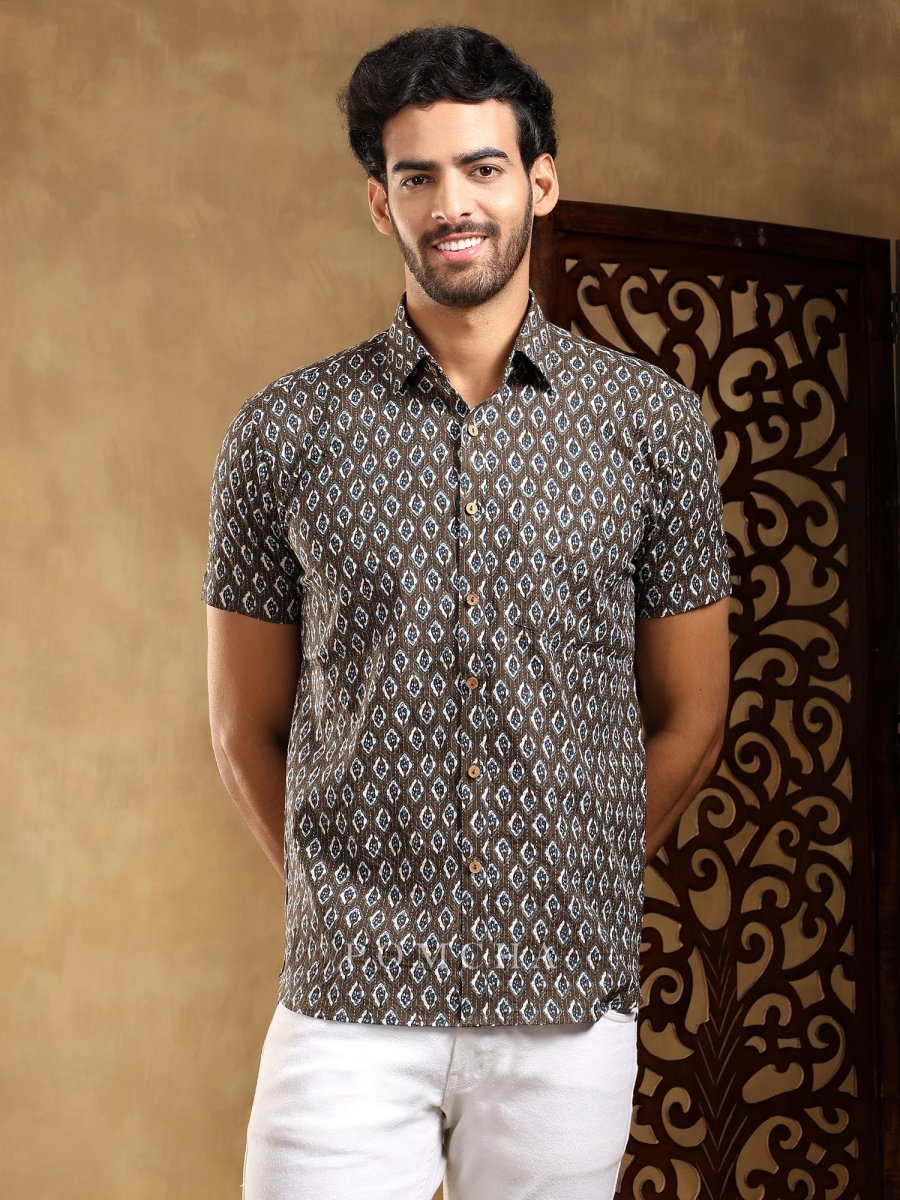 DAHLEEZ BROWN COTTON HAND BLOCK SHIRT - Pomcha Jaipur