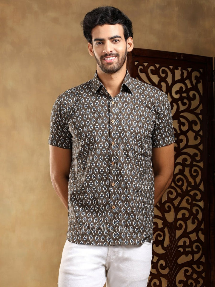 DAHLEEZ BROWN COTTON HAND BLOCK SHIRT - Pomcha Jaipur