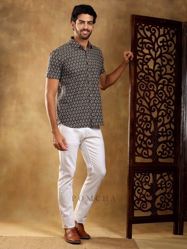 DAHLEEZ BROWN COTTON HAND BLOCK SHIRT - Pomcha Jaipur