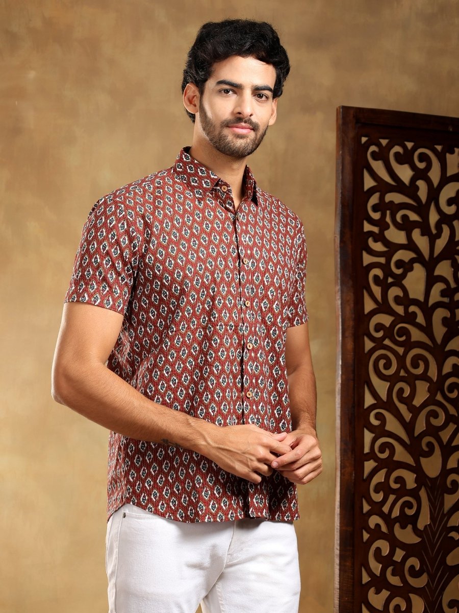 DAHLEEZ MAROON COTTON HAND BLOCK SHIRT - Pomcha Jaipur