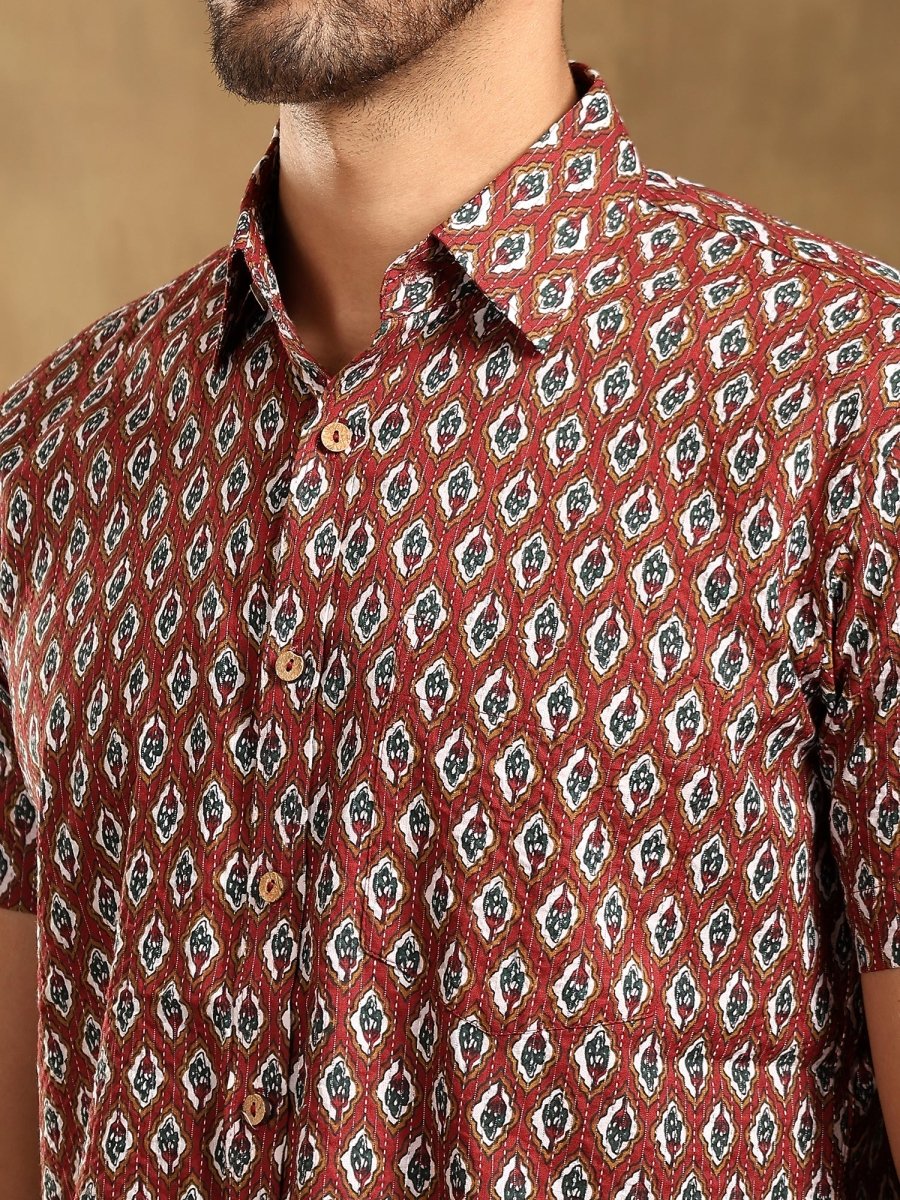 DAHLEEZ MAROON COTTON HAND BLOCK SHIRT - Pomcha Jaipur