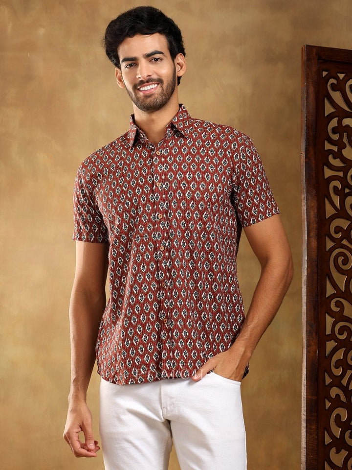 DAHLEEZ MAROON COTTON HAND BLOCK SHIRT - Pomcha Jaipur