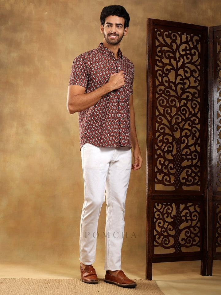DAHLEEZ MAROON COTTON HAND BLOCK SHIRT - Pomcha Jaipur