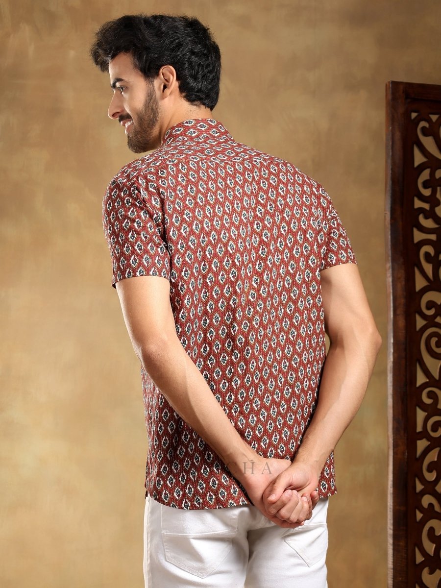 DAHLEEZ MAROON COTTON HAND BLOCK SHIRT - Pomcha Jaipur