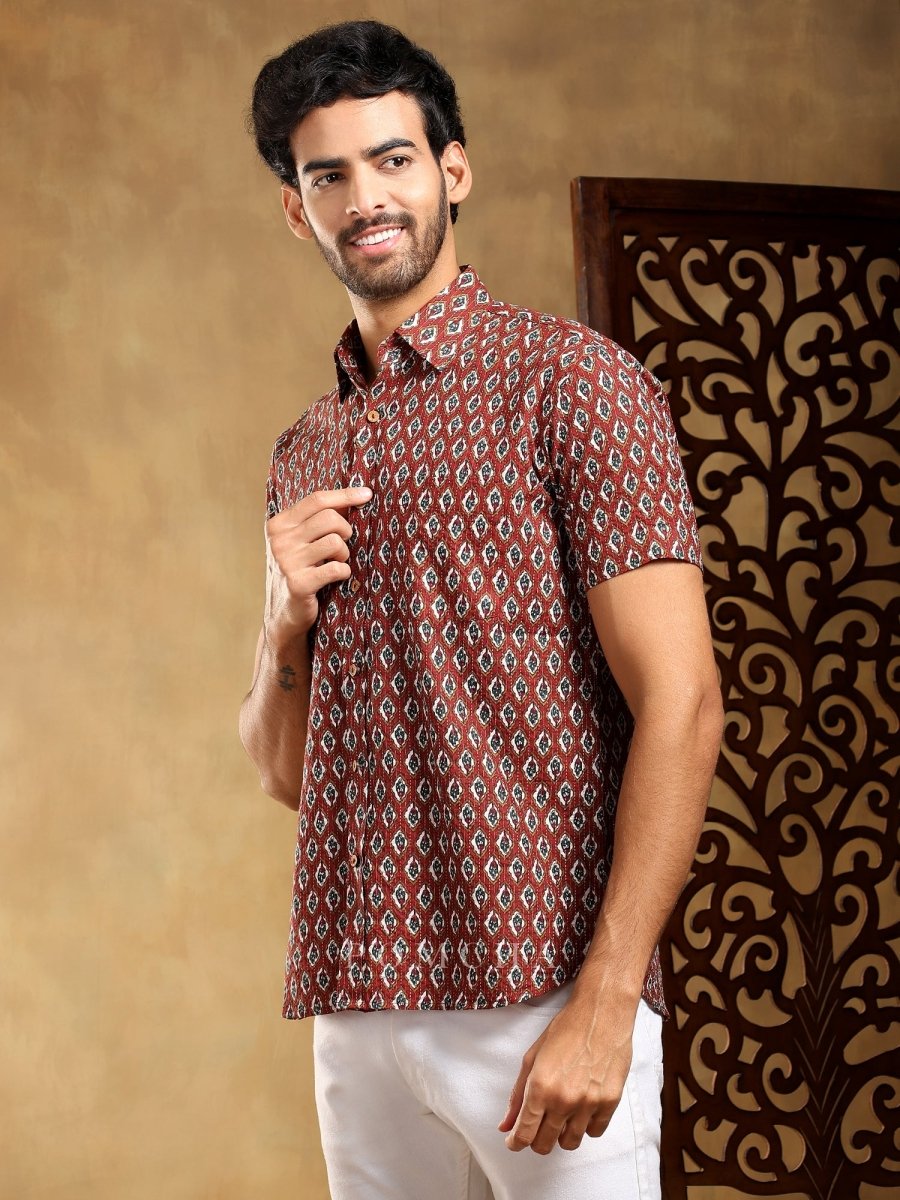 DAHLEEZ MAROON COTTON HAND BLOCK SHIRT - Pomcha Jaipur
