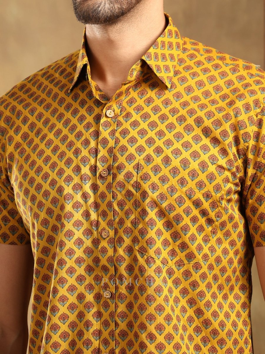 DARPAN MUSTARD COTTON HAND BLOCK SHIRT - Pomcha Jaipur