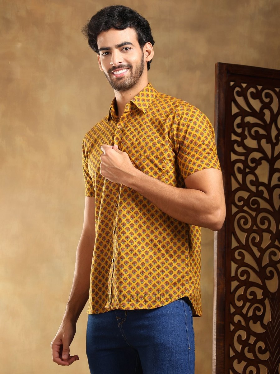 DARPAN MUSTARD COTTON HAND BLOCK SHIRT - Pomcha Jaipur