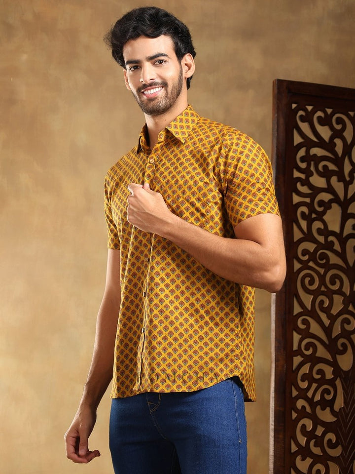 DARPAN MUSTARD COTTON HAND BLOCK SHIRT - Pomcha Jaipur