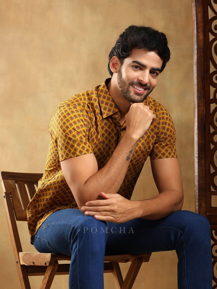 DARPAN MUSTARD COTTON HAND BLOCK SHIRT - Pomcha Jaipur