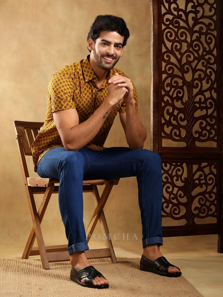 DARPAN MUSTARD COTTON HAND BLOCK SHIRT - Pomcha Jaipur