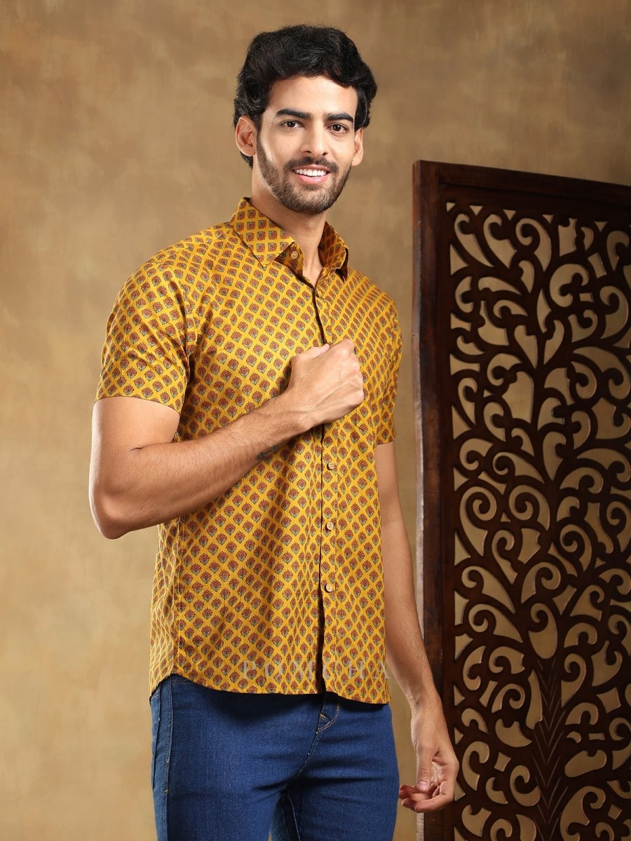 DARPAN MUSTARD COTTON HAND BLOCK SHIRT - Pomcha Jaipur