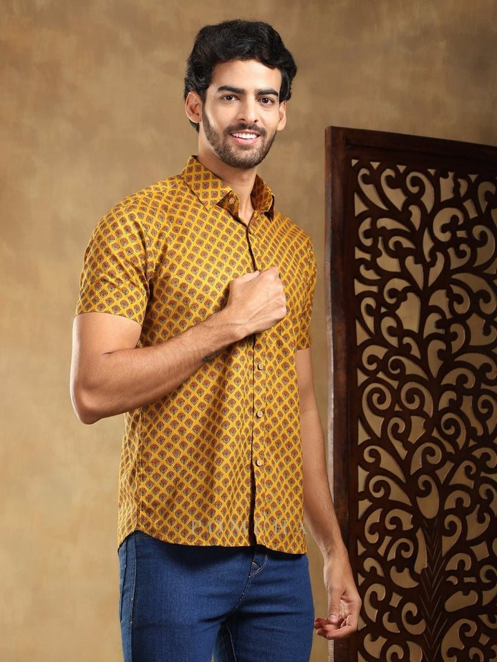 DARPAN MUSTARD COTTON HAND BLOCK SHIRT - Pomcha Jaipur
