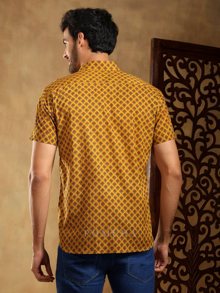 DARPAN MUSTARD COTTON HAND BLOCK SHIRT - Pomcha Jaipur