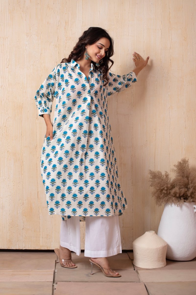 DHOOP CHAAV AISHA BLUE HAND BLOCK COTTON CO - ORD SET - Pomcha Jaipur