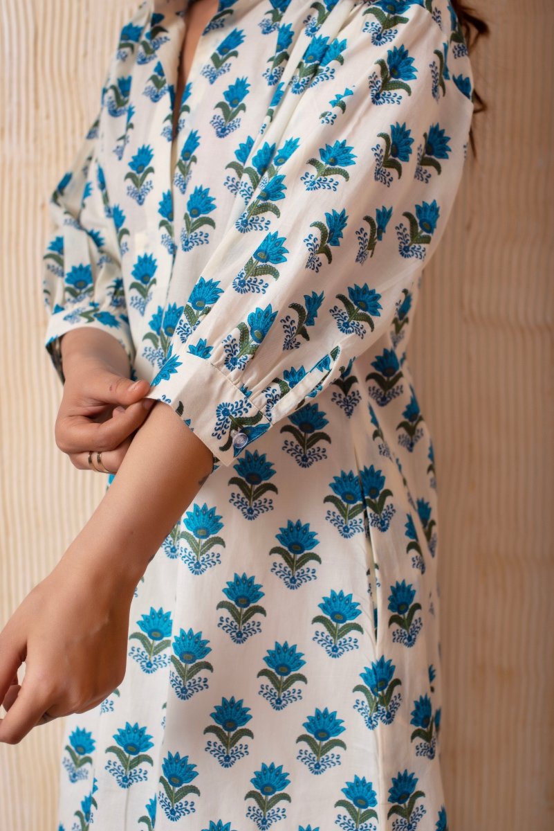 DHOOP CHAAV AISHA BLUE HAND BLOCK COTTON CO - ORD SET - Pomcha Jaipur