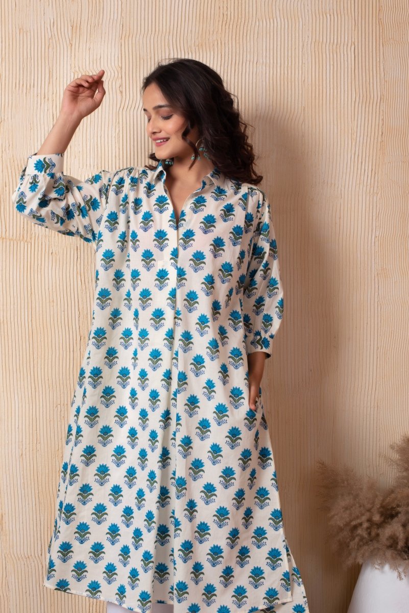 DHOOP CHAAV AISHA BLUE HAND BLOCK COTTON CO - ORD SET - Pomcha Jaipur
