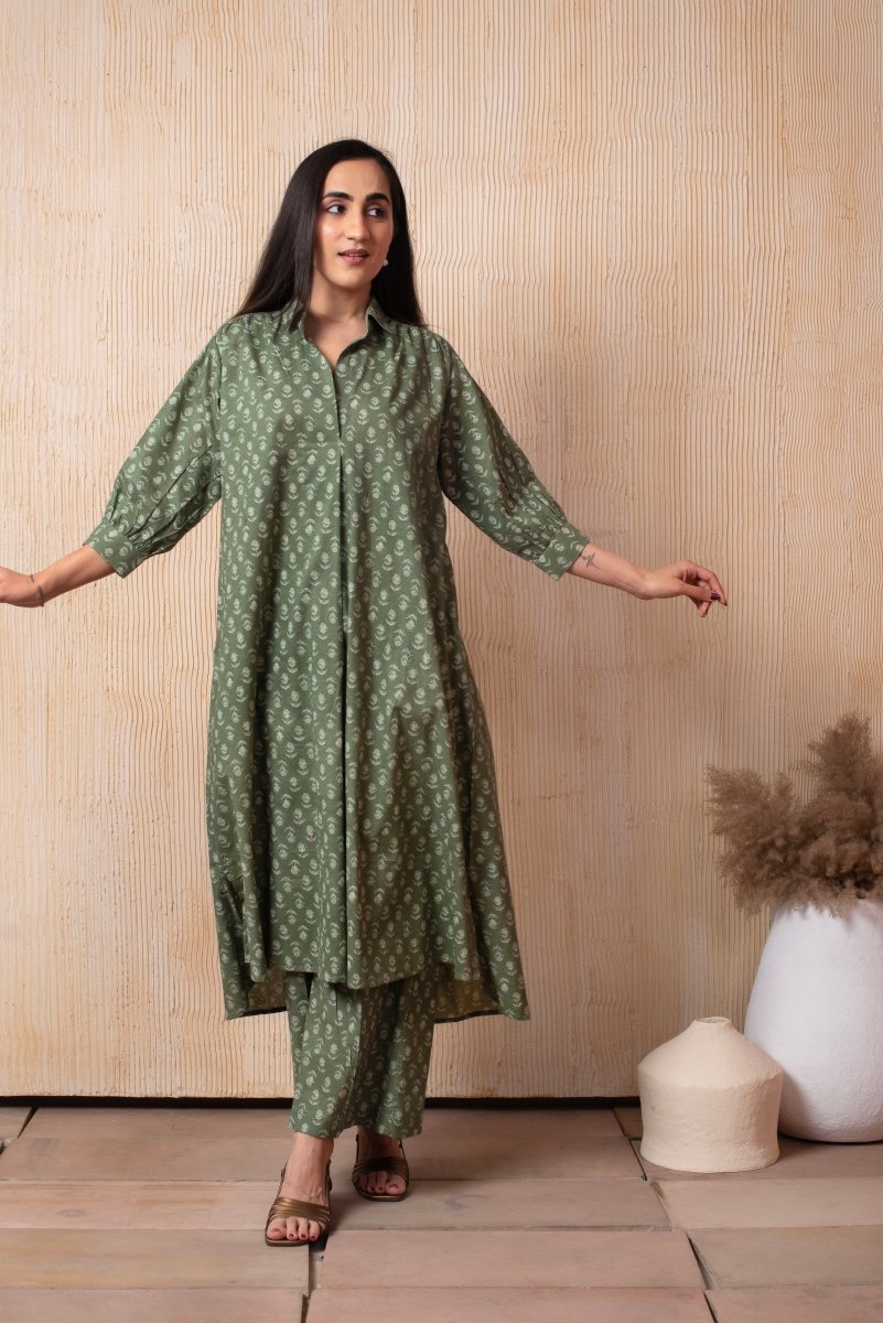 DHOOP CHAAV AISHA GREEN HAND BLOCK COTTON WHITE CO - ORD SET - Pomcha Jaipur