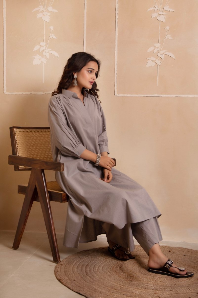 DHOOP CHAAV AISHA GREY COTTON CO - ORD SET - Pomcha Jaipur