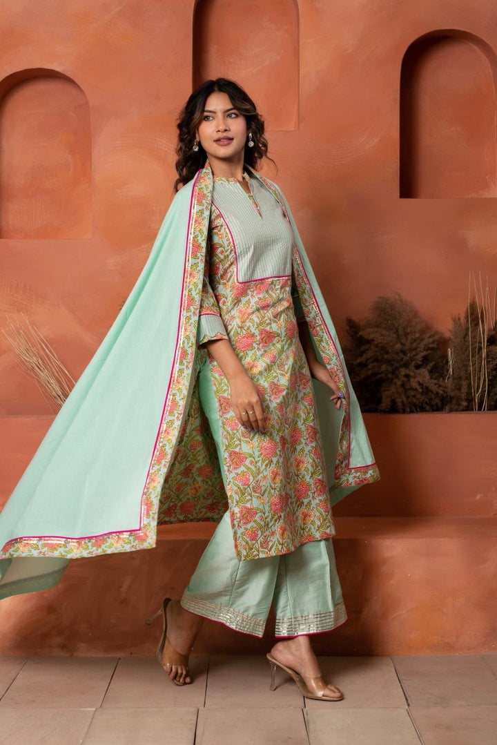 DHOOP CHAAV AQUA BLUE COTTON HAND BLOCK PRINT SUIT SET WITH COTTON DUPATTA - Pomcha Jaipur