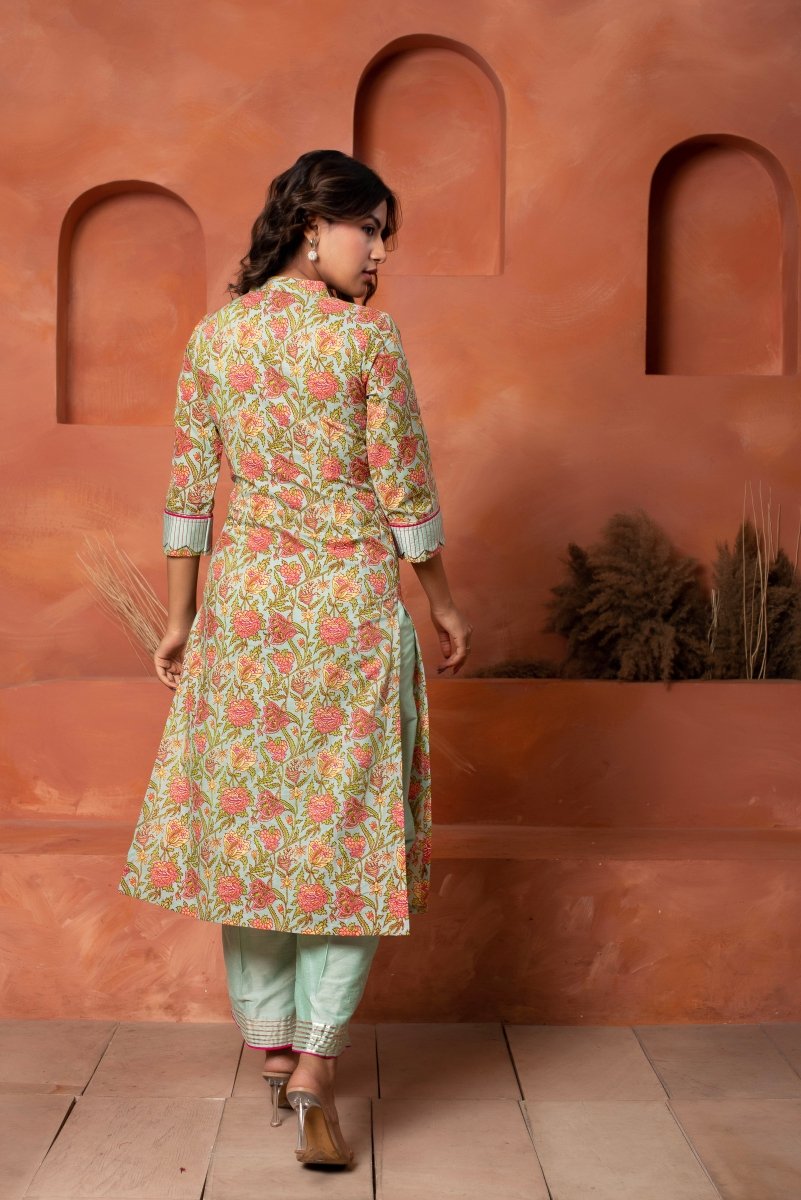 DHOOP CHAAV AQUA BLUE COTTON HAND BLOCK PRINT SUIT SET WITH COTTON DUPATTA - Pomcha Jaipur