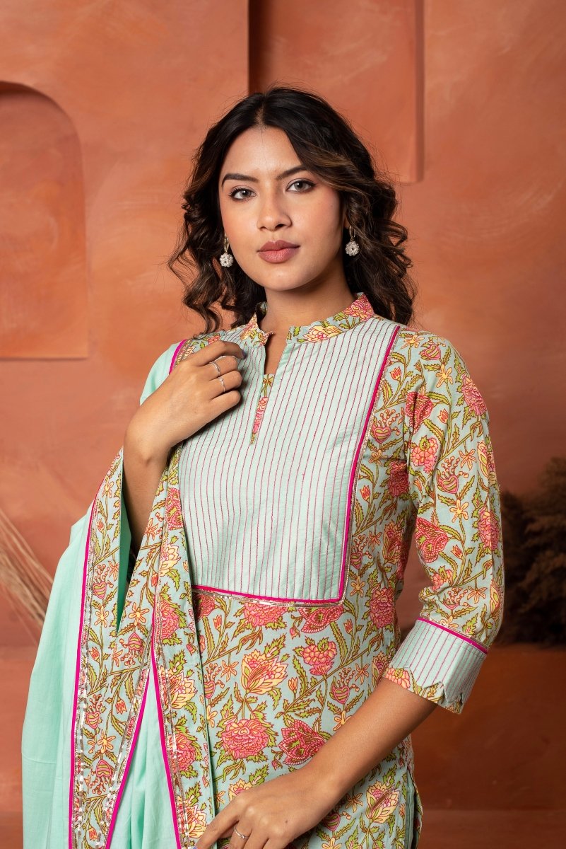 DHOOP CHAAV AQUA BLUE COTTON HAND BLOCK PRINT SUIT SET WITH COTTON DUPATTA - Pomcha Jaipur