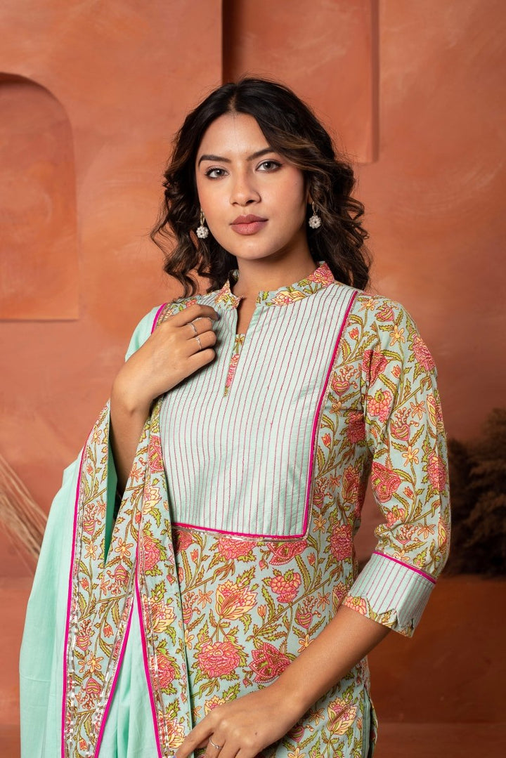 DHOOP CHAAV AQUA BLUE COTTON HAND BLOCK PRINT SUIT SET WITH COTTON DUPATTA - Pomcha Jaipur