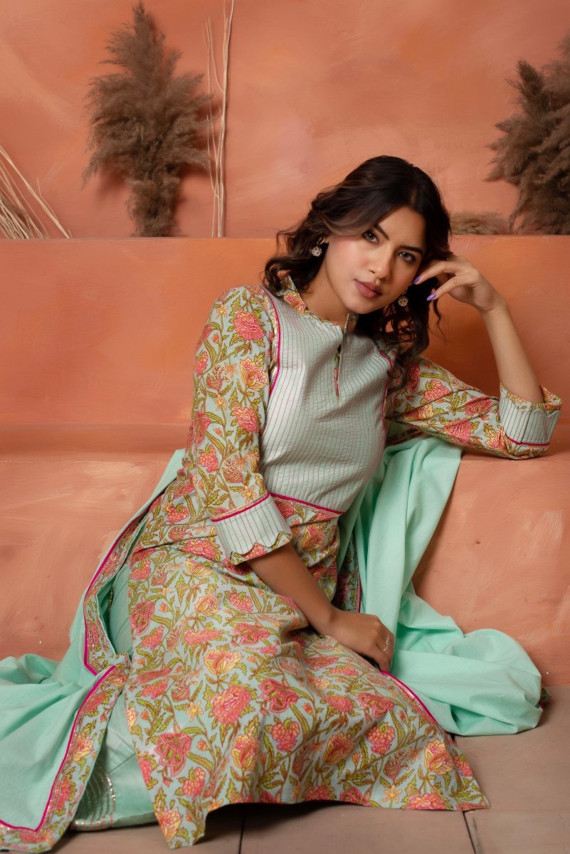 DHOOP CHAAV AQUA BLUE COTTON HAND BLOCK PRINT SUIT SET WITH COTTON DUPATTA - Pomcha Jaipur