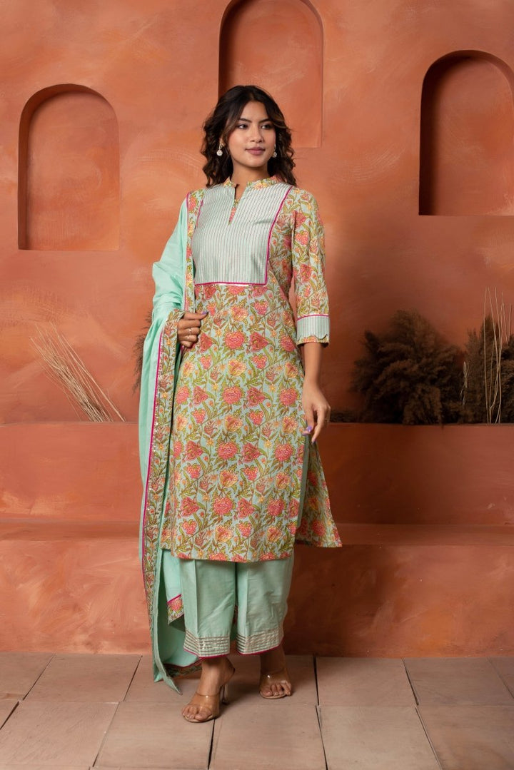 DHOOP CHAAV AQUA BLUE COTTON HAND BLOCK PRINT SUIT SET WITH COTTON DUPATTA - Pomcha Jaipur