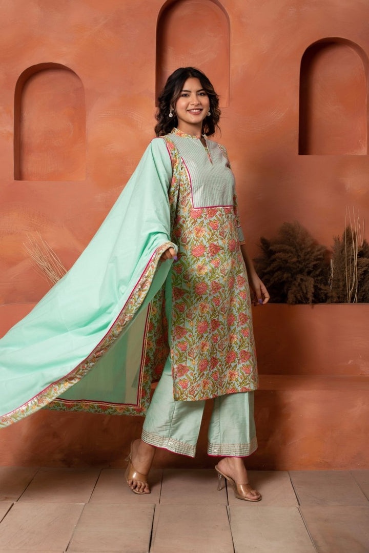 DHOOP CHAAV AQUA BLUE COTTON HAND BLOCK PRINT SUIT SET WITH COTTON DUPATTA - Pomcha Jaipur