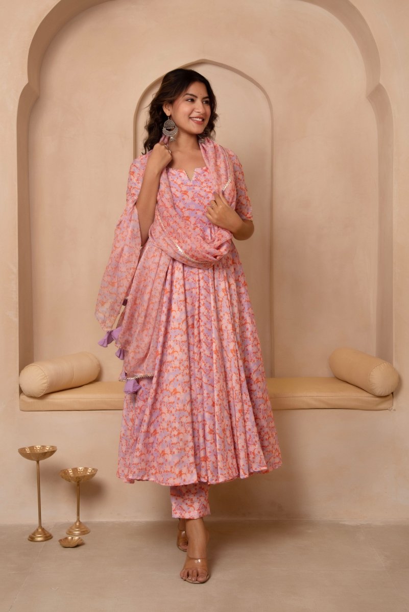 DHOOP CHAAV ASMI MUSLIN ANARKALI SET WITH ORGANZA DUPATTA - Pomcha Jaipur